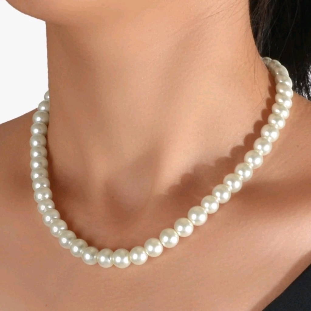 White Faux Pearl Necklace Women's Single Beaded Strand